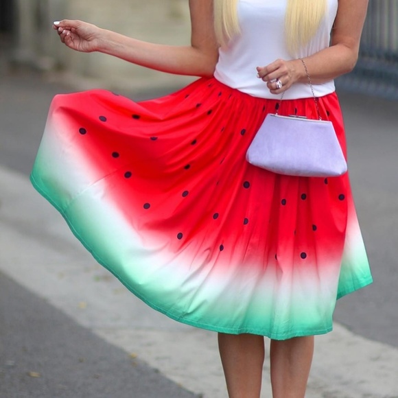 New Watermelon Printed Midi Box Pleat Skirt - Picture 8 of 8